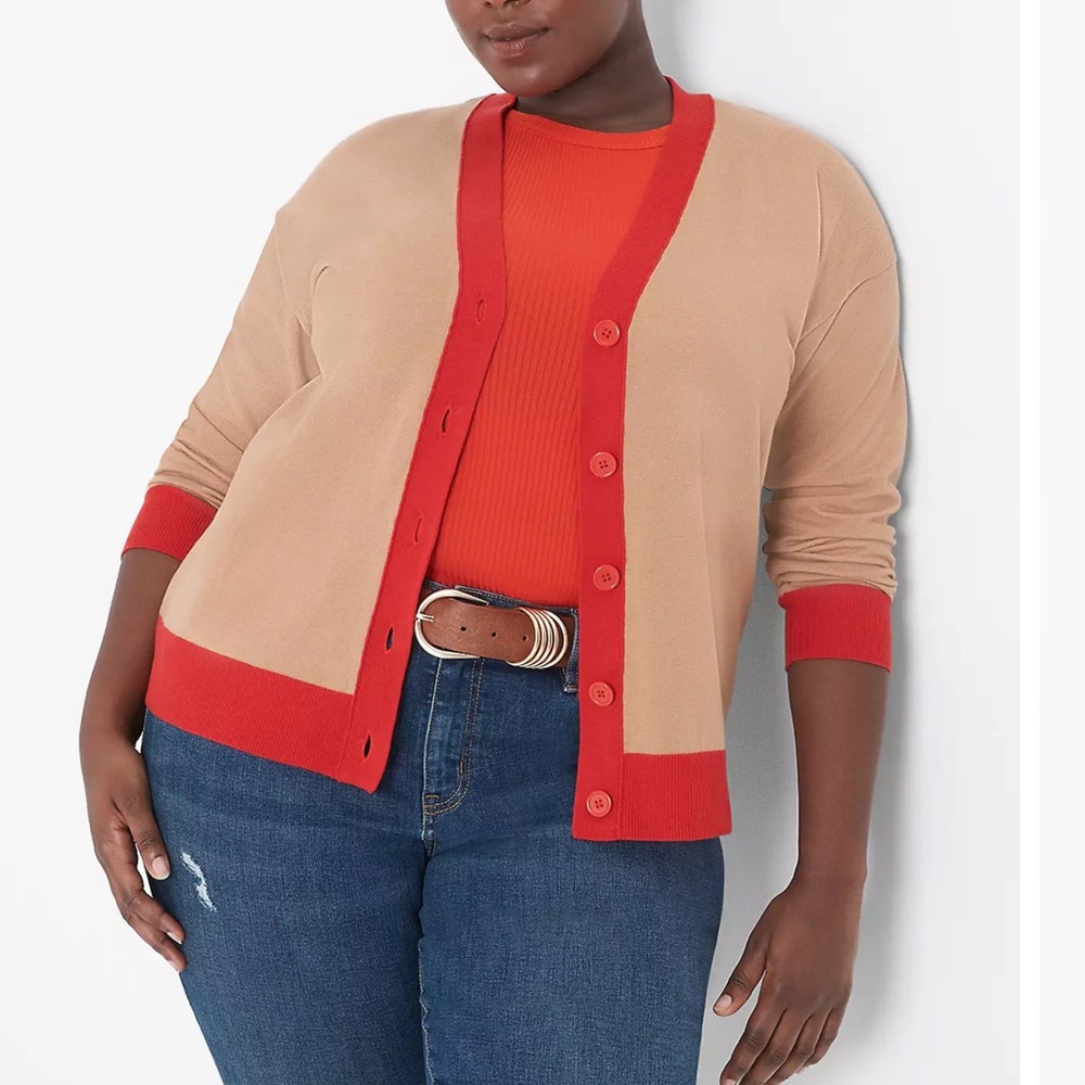 LANE BRYANT WOMENS V-Neck Button-Front Orange & Tan Color-block Cardigan Sweater